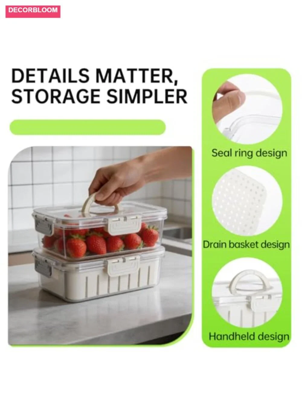 Fruit Storage Containers for Fridge with Handle, 2 Pack with Removable Mesh